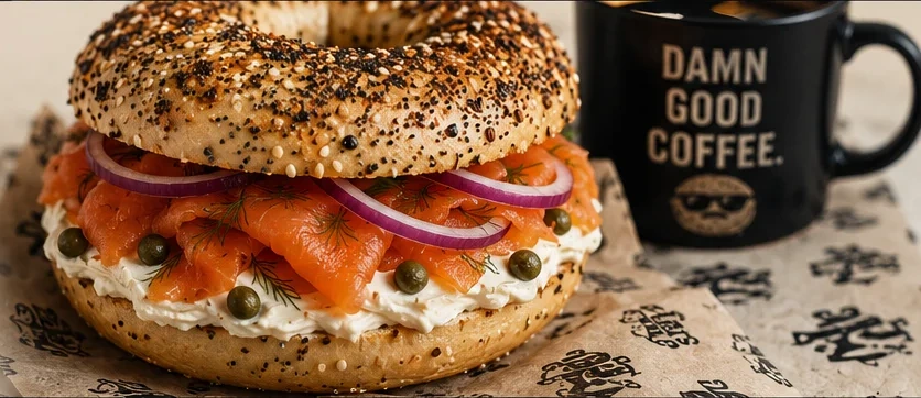 An everything bagel sandwich with smoked salmon, cream cheese, red onion, capers and dill beside Careless coffee