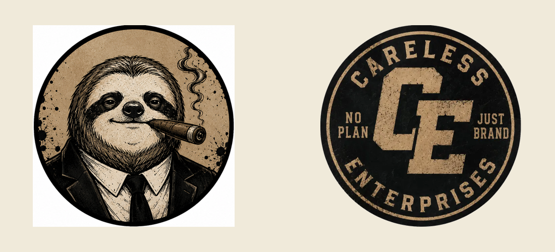 Dean Vios sloth portrait and Careless Enterprises seal