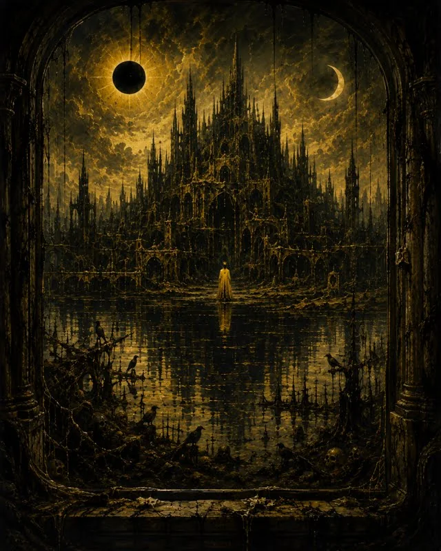 A black and yellow gothic city beneath an eclipse and crescent moon