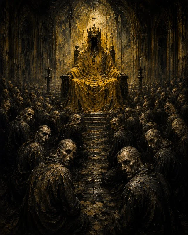 A crowned yellow figure seated above a dark congregation