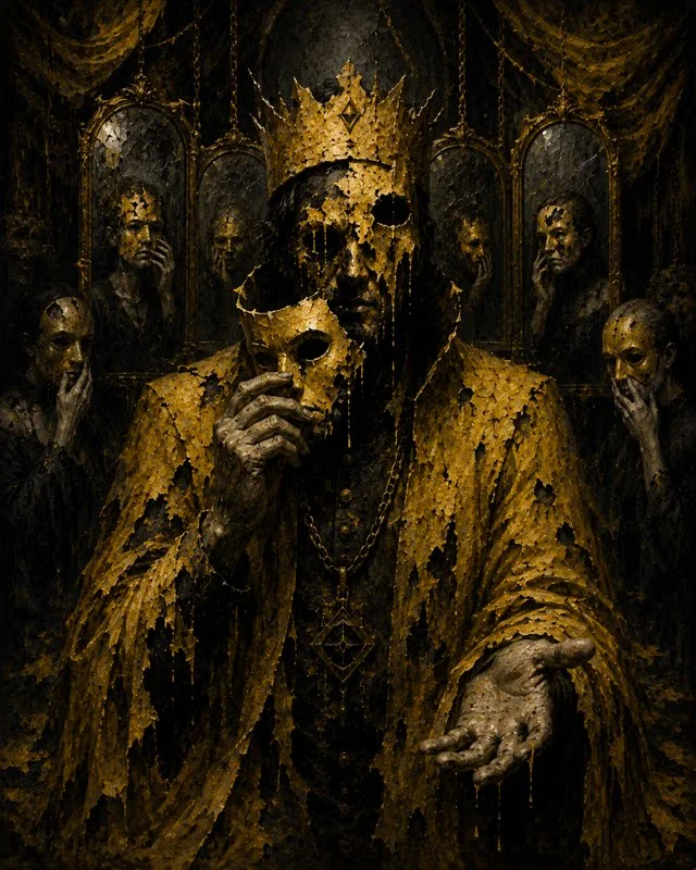 A crowned figure in black and yellow robes holding a broken mask