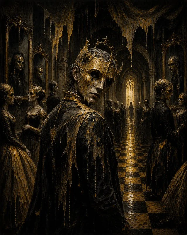 A masked figure in a black and gold ballroom looking toward the viewer