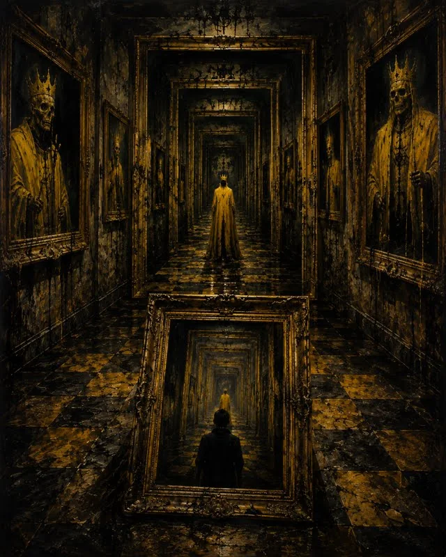 An endless black and gold hall of mirrors with a distant yellow figure